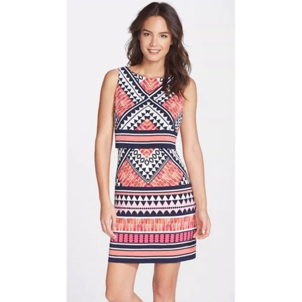 Eliza J Womens Sheath Dress Pink Black Geometric Printed Layered Sleeveless 18 W